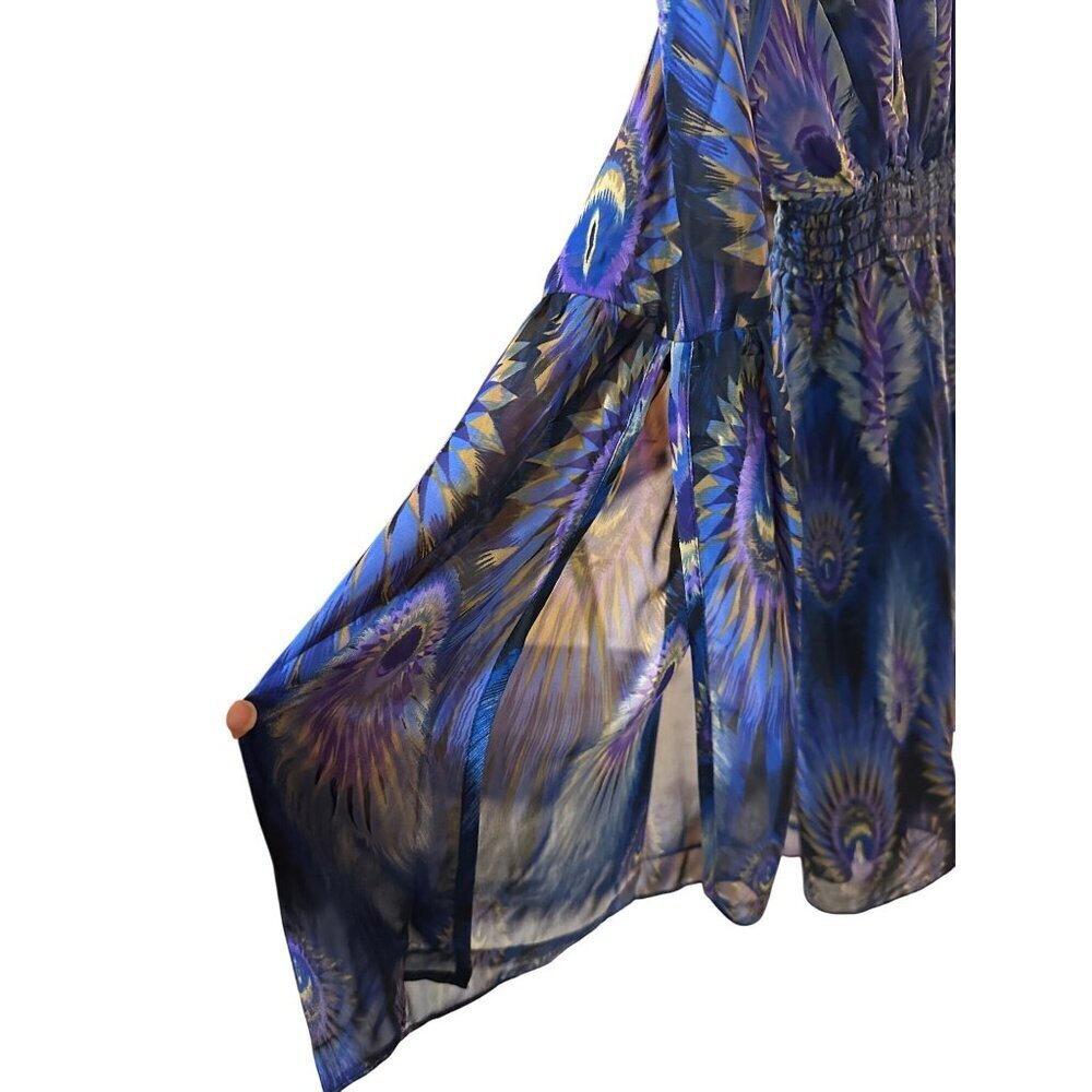 Three Eighty Two Bohemian Peacock Feather Size S Sheer Dress Bell Sleeves $192 - Picture 4 of 9